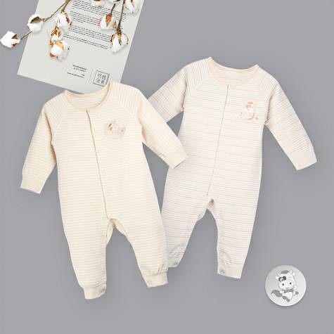 【2件】Verantwortung 明德任責 男女寶寶 有機彩棉連體睡衣內衣 歐式經典淺咖+多彩條紋