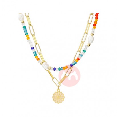 Helpushine Trendy colorful beaded necklace double layered necklace small daisy necklace jewelry women