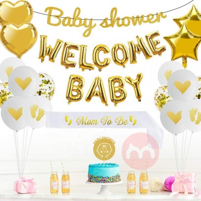 PAFU Neutral Baby Shower Decorations for Boy or Girl Welcome Baby Balloon Banner Mom to Be Sash Baby Shower Decorations 