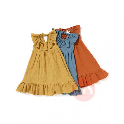 JINXI Pure color flax cotton children's lovely soft dress with ruffled collar
