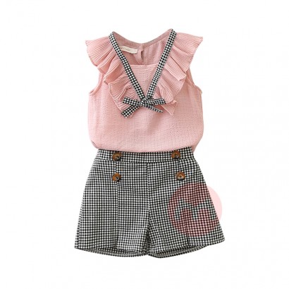 Bear Leader Sleeveless striped bow tie new children's shirt plaid striped shorts for summer