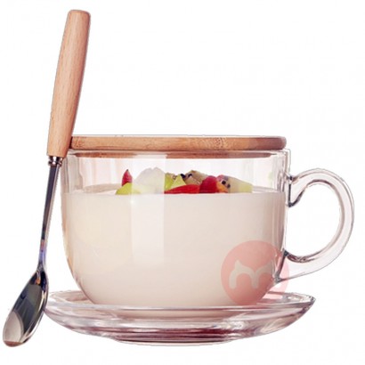 Glass breakfast cup with lid spoon and oatmeal bowl
