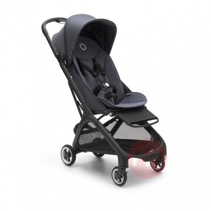 Bugaboo The blue stroller is portable and can be folded up with one hand