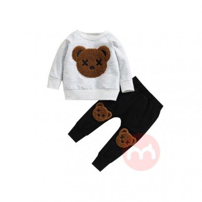 Yiwu Qinlan Garment Factory Baby boy bear embroidered sweater pants suit