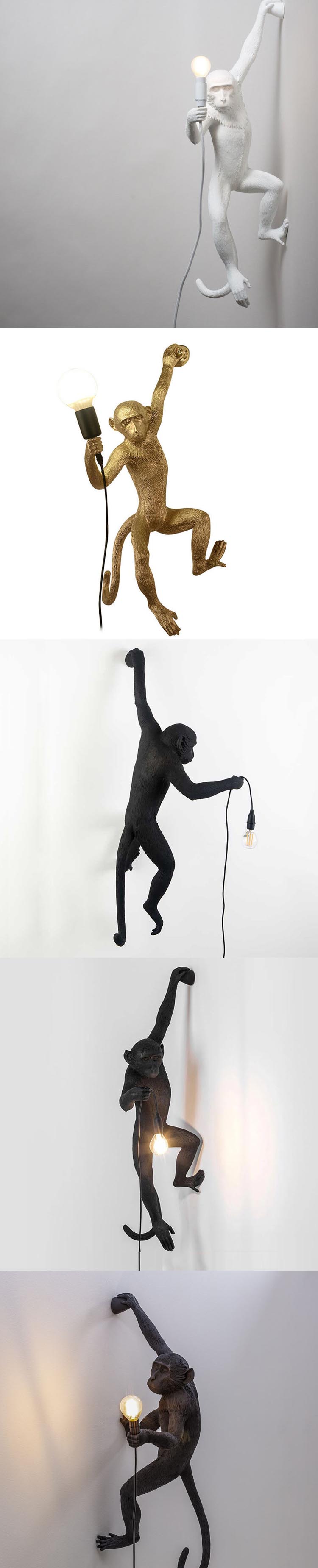 Art Creative Animal Wall Sconce Black White Gold Resin Monkey Lamp