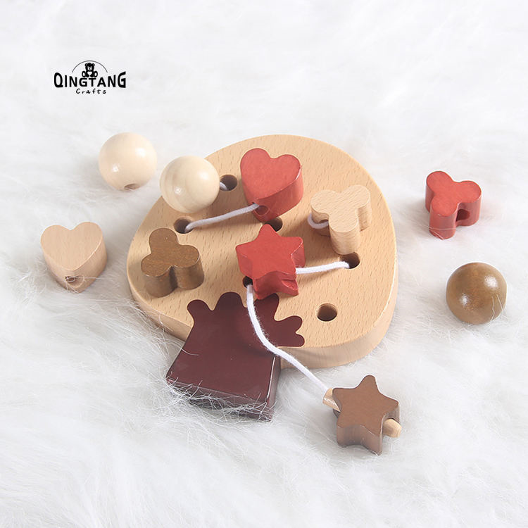 QINGTANG baby fine motor training wooden stringing threading beads toy