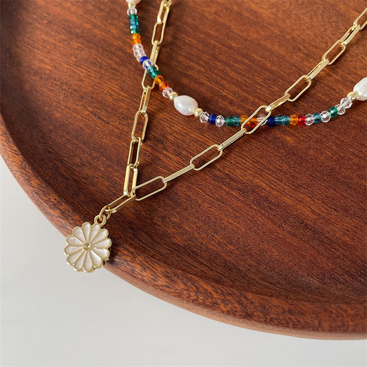 Helpushine Trendy colorful beaded necklace double layered necklace small daisy necklace jewelry women