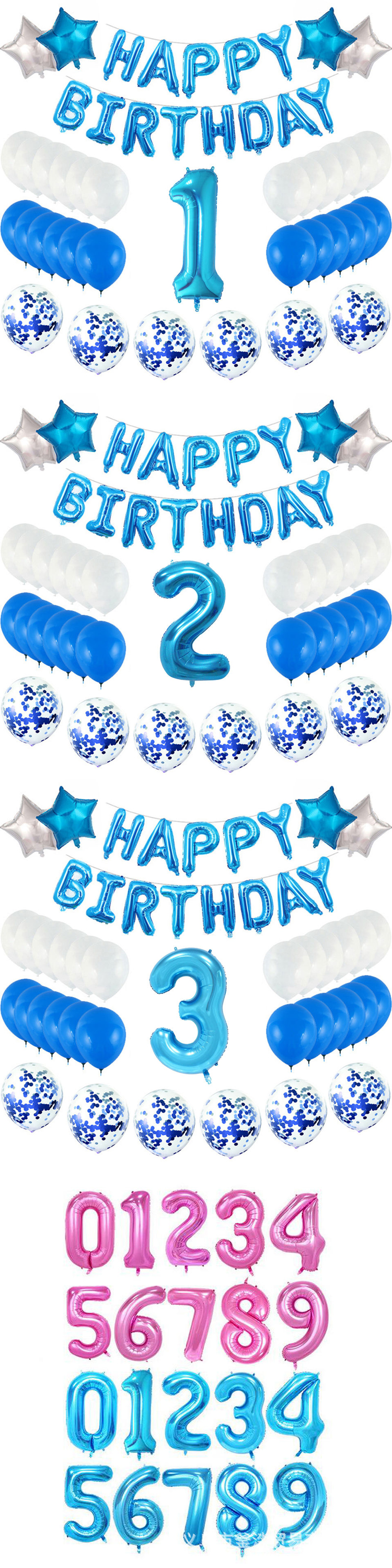 PAFU Blue Birthday Party Supplies Happy Birthday Balloons Banner Confetti Balloons Foil Curtain Birthday Decoration