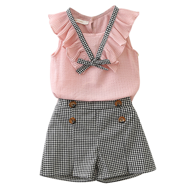 Bear Leader Sleeveless striped bow tie new children's shirt plaid striped shorts for summer
