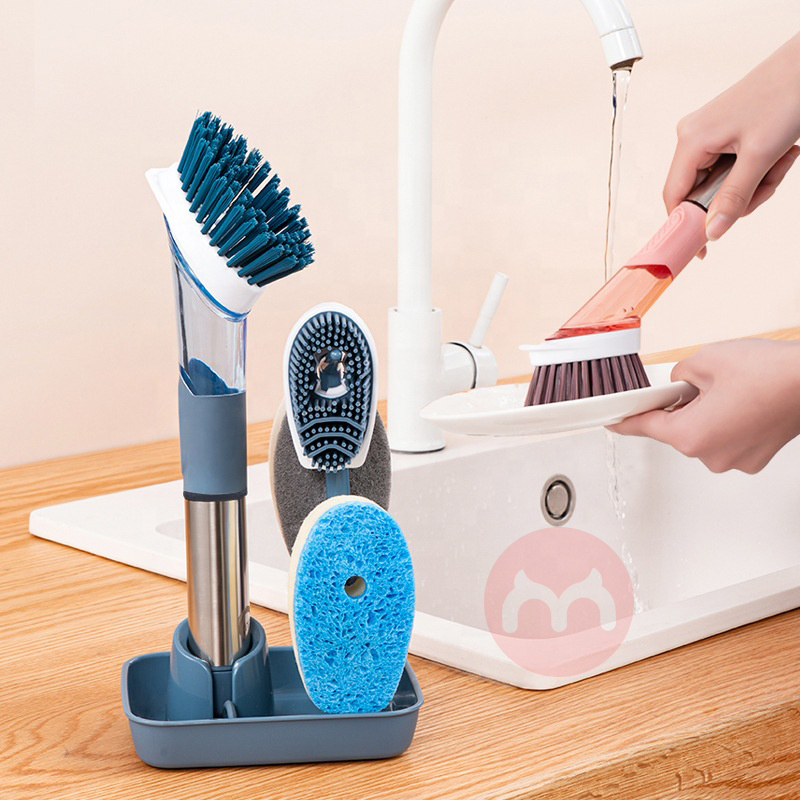 Kitchen Cleaning Brush Long Handle Pot Pan Brush Dishwashing Sponge Soap Liquid Dispenser