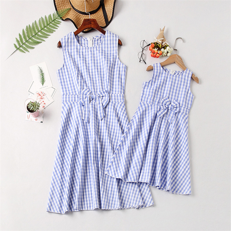 OEM Summer plaid solid color dress mother and I parent-child clothing