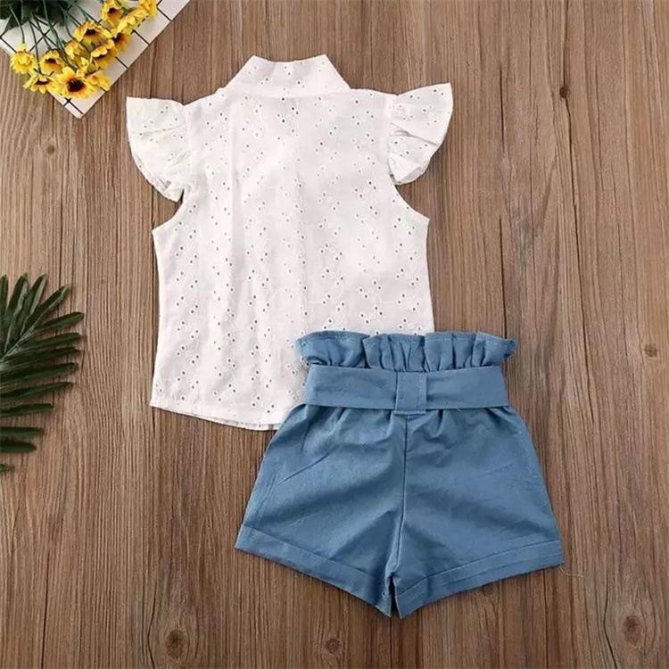 Bear Leader Girl's bow-tie fly sleeve lace tee shirt top blue frilly shorts set