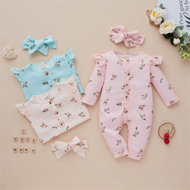 Sue Mia Floral waffle cotton baby jumpsuit with long sleeves