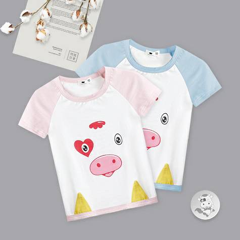 [2 pieces] Verantwortung Baby boys and girls wild love calf summer short-sleeved T-shirt blue + pink