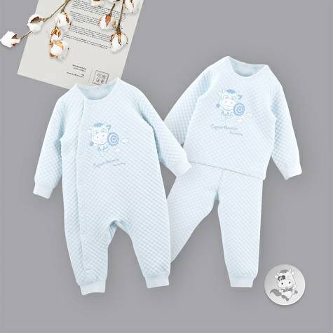 [2 pieces] Verantwortung Baby boys and girls organic cotton one-piece romper + top trouser suit blue