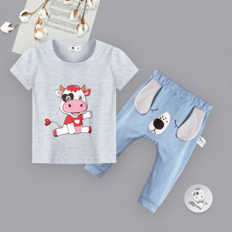 [2 pieces] Verantwortung Baby boys and girls all-match casual jumping calf short-sleeved T-shirt gray + cute big ear dog