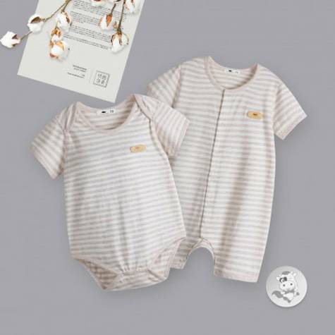[2 pieces] Verantwortung Baby boys and girls organic color cotton summer thin one-piece romper classic light coffee stri