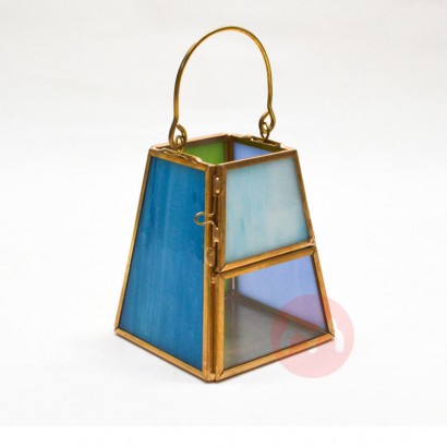 geometric bronze and glass lanterns blue green tiffany stained glass and metal lantern candle holder