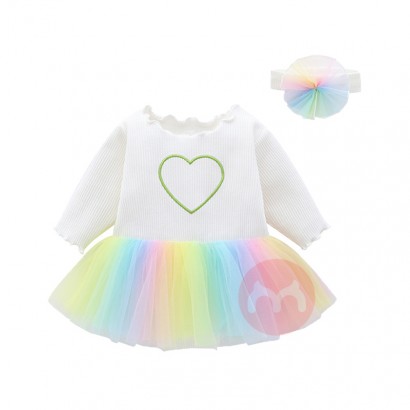 New Arrival White Long sleeve Cotton Ribbed Toddler Baby Skirts, Rainbow Baby Birthday Party Dress for 1 Year Old Girls