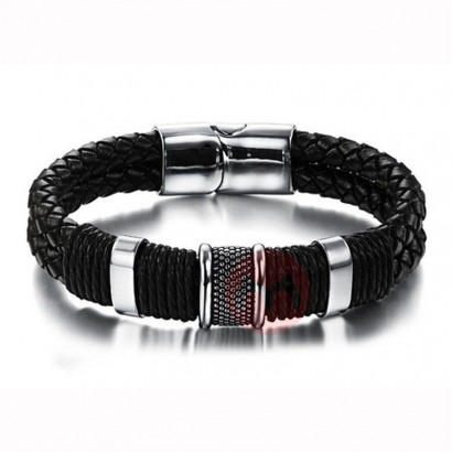 OEM Men &Women Black/brown Leather Cuff Bracelet Stainless Steel Bracelet
