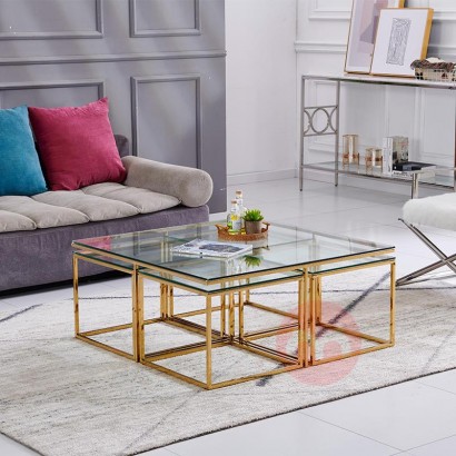 New Design Living Room Home Stainless Steel Square Coffee Table Golden Color Glass Top Centre Table