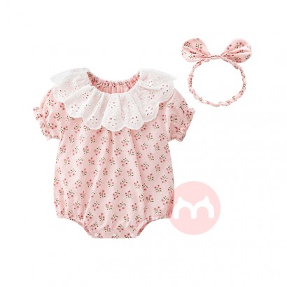 100% Cotton Summer Short-Sleeve Baby Onesie Toddler one piece Clothing & Hairband Lace collar romper