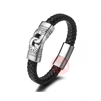 ZG Europe And America Hot Selling Stainless Steel Bracelet Wholesale Men's Hand-woven Titanium Steel Leather Bracelet Sp