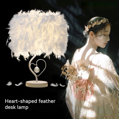Heart-shaped heart wing white feather bedside table lamp E27 light bulb LED simple restaurant fairy lamp