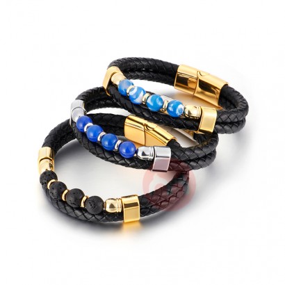 ZG Fashion Braided Double Layer Ball Stone Leather Rope Stainless Steel Magnetic Buckle Men's Bracelet