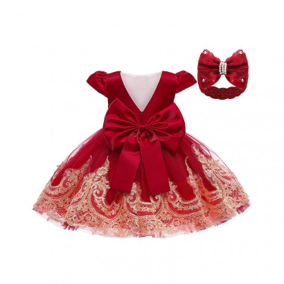 LZH Toddler Baby Clothing Girl Bowknot Lace Princess Christmas Dresses with Headwear Baby 1 Year Birthday Dress