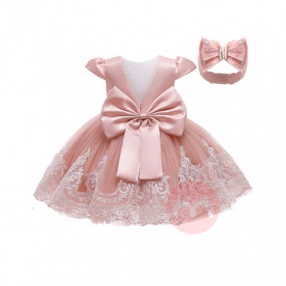 LZH Toddler Baby Clothing Girl Bowknot Lace Princess Christmas Dresses with Headwear Baby 1 Year Birthday Dress