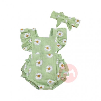 2021 Newborn Infant Boys Bodysuits Headband Flowers Print Ruffles Short Sleeve Backless Jumpsuits 4 Colors Baby Girl Rom