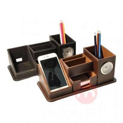 Multi-functional Handmade PU Leather Office Gift Desk Organizer With Clock 