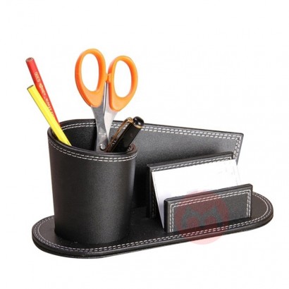 Personalized Design Wholesale Stationery PU Leather Pencil Holder With Business Card Stand / Torch Shaped Pen Cup