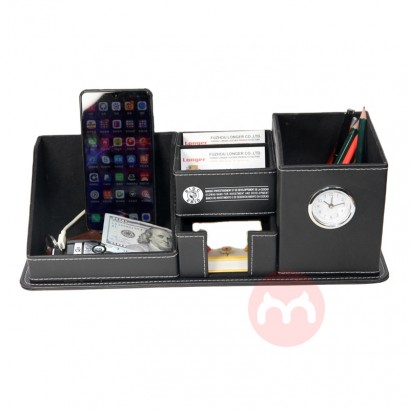 Updated Design Large Multi-functional Handmade Faux Leather Office Stationery Desktop Organizer With Needle Clock