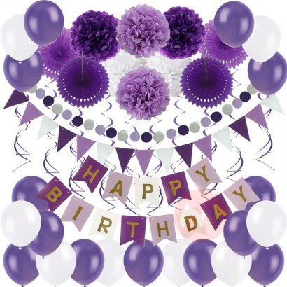 PAFU Birthday Decoration Set Happy Birthday Banner Bunting with Paper Fans Tissue Hanging Swirl Purple Birthday Party Su