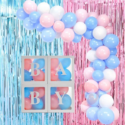 PAFU baby party supplies pink and blue balloon arch kit foil curtain white BABY transparent box gender reveal decoration