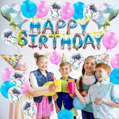 PAFU Birthday Party Supplies Rainbow Happy Birthday Foil Balloon Pink Blue Confetti Balloons Happy Birthday Party Decora