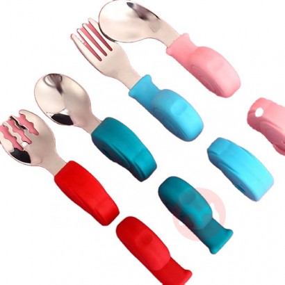 Short handle spoon fork set baby silicone soft spoon