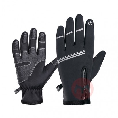YIWU HAOHAO Men's winter warm velvet thickened ski gloves windproof waterproof bicycle gloves zipper touch screen leathe