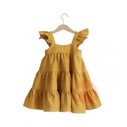 JINXI Flax cotton summer girl's dress with flowing sleeves halter back and ruffled edges