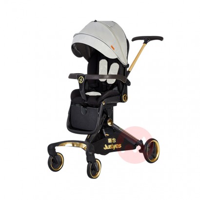 Justyes Little Knight walks baby stroller in high view