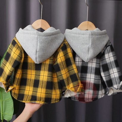 KINSNEY Winter fleece plaid hooded shirt for baby boys