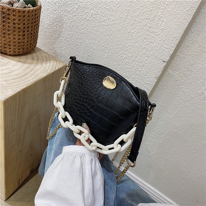 LXY Women's Fashion Bucket Bag Summer Solid Color Small Bag Crocodile Pattern Chain One Shoulder Messenger Bag