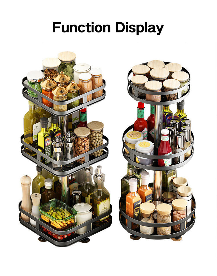 Steel Revolving Kitchen Spice Jar Bottle Rack Adjustable Shelf 3 Tier 360 Degree Rotating Spice Storage Organizer Rack