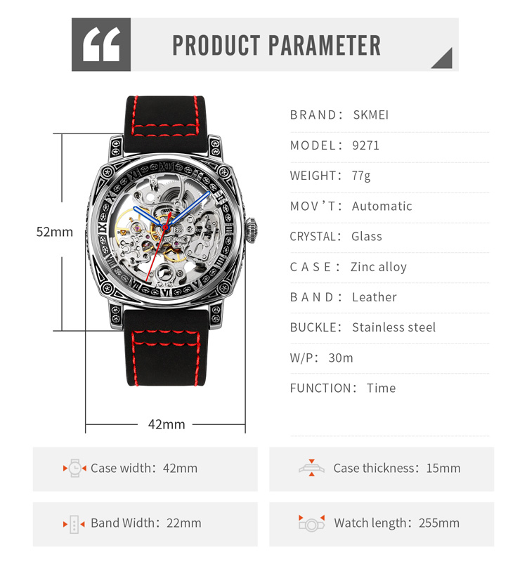 SKMEI 9271 Fashion Leather Band Mechanical Watch Men Luxury Waterproof Wristwatch