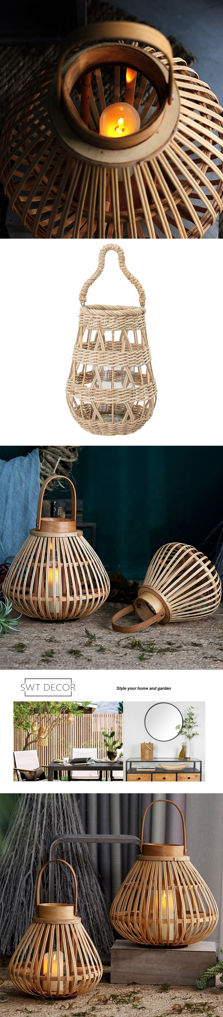 SWT Wholesale retro design wooden frame rattan glass jar lanterns candle holder for home decor