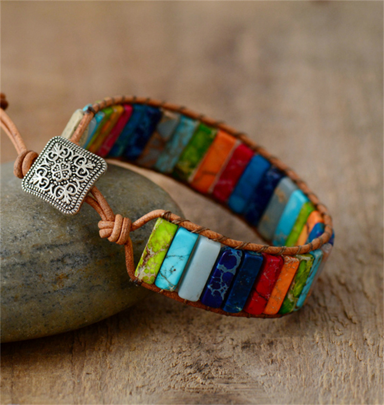 OEM Bracelet Jewelry Handmade multicolor natural stone tube beads leather wrapped Bracelet couple Bracelet