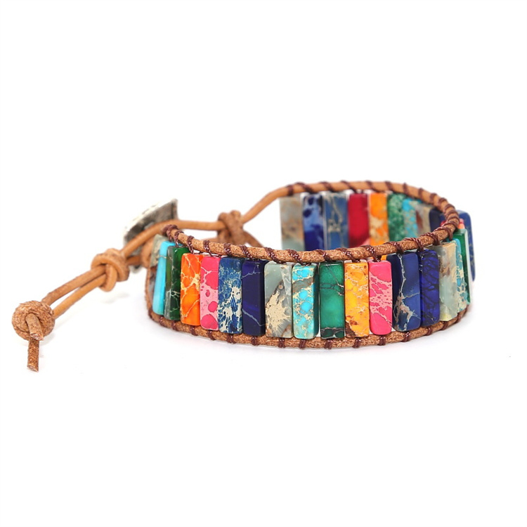 OEM Bracelet Jewelry Handmade multicolor natural stone tube beads leather wrapped Bracelet couple Bracelet
