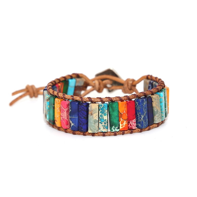 OEM Bracelet Jewelry Handmade multicolor natural stone tube beads leather wrapped Bracelet couple Bracelet